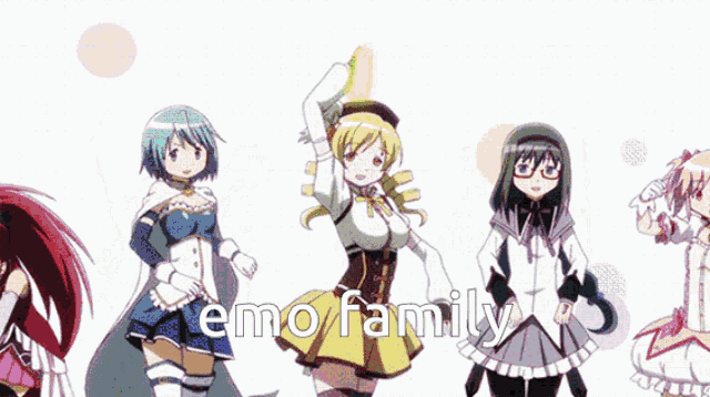 a group of anime characters are standing in front of a colorful background with the words emo family in the corner