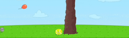 a cartoon of a tree with a balloon hanging from it and a tennis ball standing next to it .