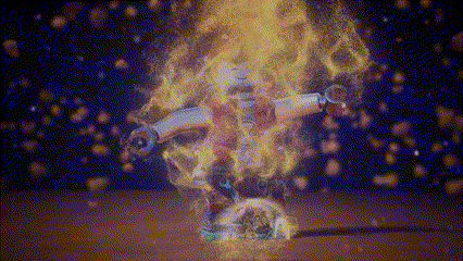 a cartoon character is surrounded by flames in a dark background
