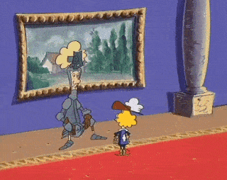 a cartoon of two people looking at a painting