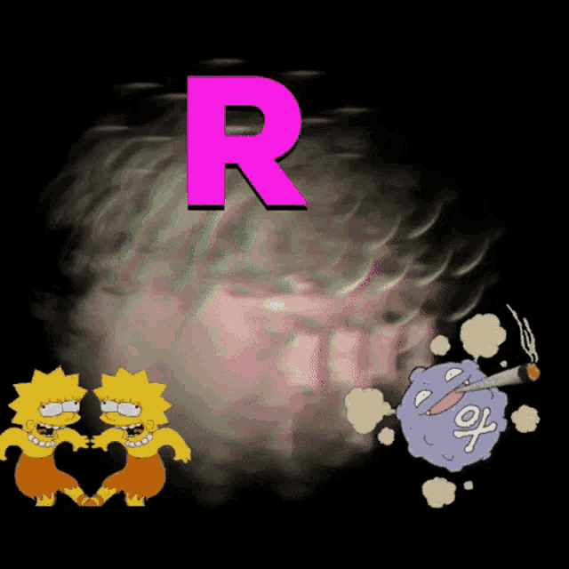 a pink letter r is above a cartoon character