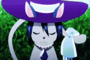 a cartoon cat wearing a purple hat and a blue tie