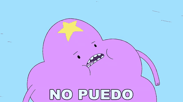 a cartoon character says no puedo in white letters