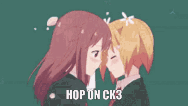 a couple of anime girls kissing with the words hop on ck3 written on the bottom
