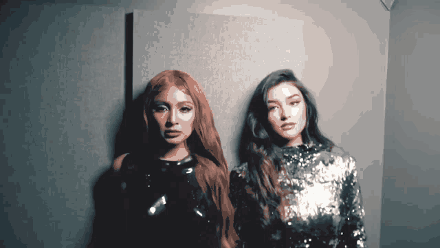 two women standing next to each other with one wearing a silver sequined top