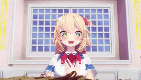 two anime girls are standing next to each other in front of a window in a room .