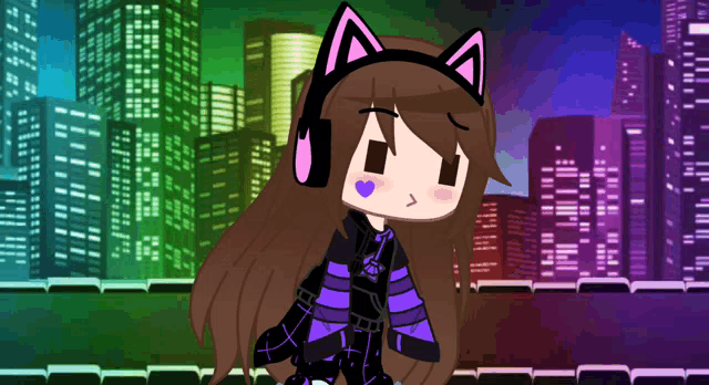 a girl wearing cat ears and headphones stands in front of a city at night