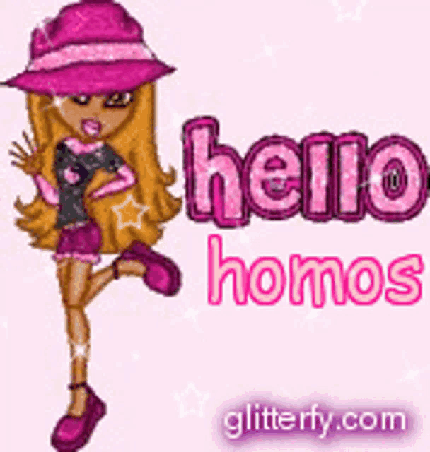 a girl in a pink hat is standing next to a sign that says hello homos