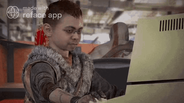 a boy is playing a video game with the words made with reface app on the bottom