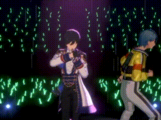 a man is singing into a microphone on a stage surrounded by green lights .