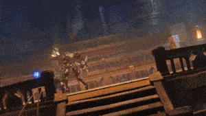 a video game is being played in a dark room with a statue in the background that says ' triumph ' on it