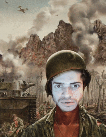 a painting of a man wearing a helmet in front of a battle scene