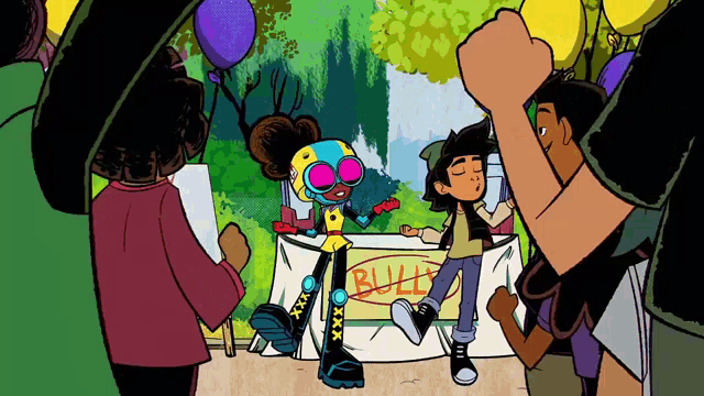 a cartoon of a girl standing in front of a table that says bully