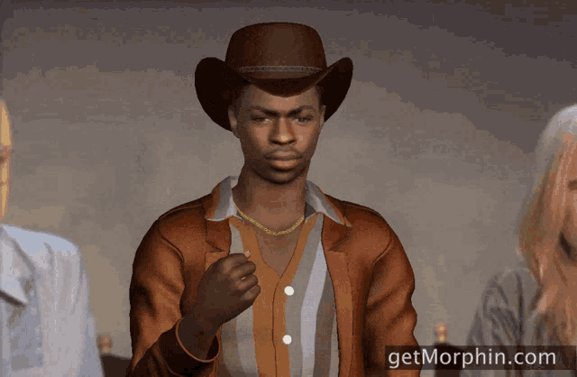 a man in a cowboy hat is standing in front of a getmorphin.com website