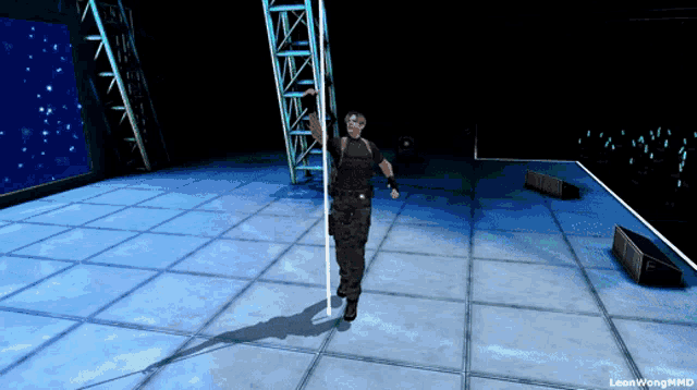 a computer generated image of a man on a stage with leon wong mmd written on the bottom
