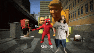 a man in a skibidi t-shirt stands in front of a group of toilets