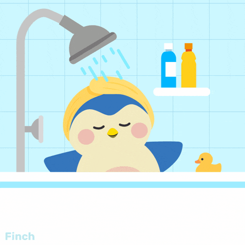 an illustration of a penguin taking a shower with the words squeaky clean underneath