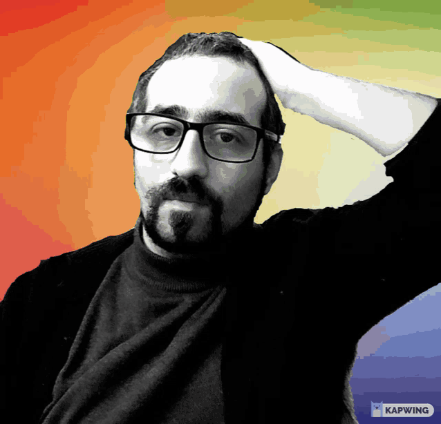 a man wearing glasses holds his hand to his forehead in front of a colorful background that says kapwing on the bottom