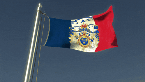 a blue white and red flag with a coat of arms