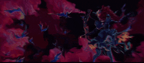 a painting of a person riding a horse with birds flying around them .