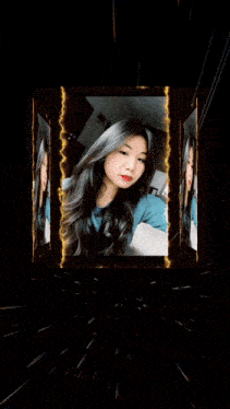 a woman 's face is surrounded by a grid of images