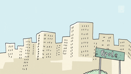 a cartoon drawing of a city with a sign that says opole in front of it