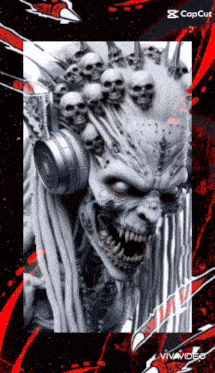 a picture of a monster with dreadlocks and skulls on its head