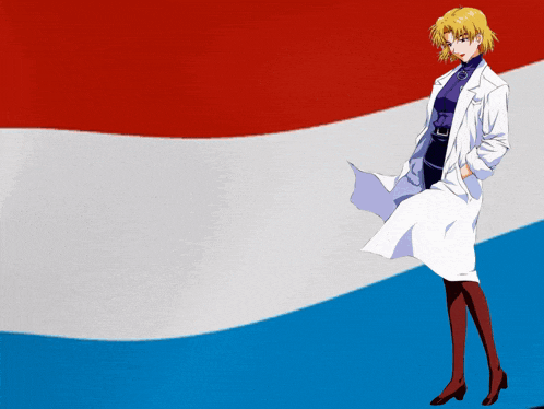 a woman in a white coat stands in front of a red white and blue flag