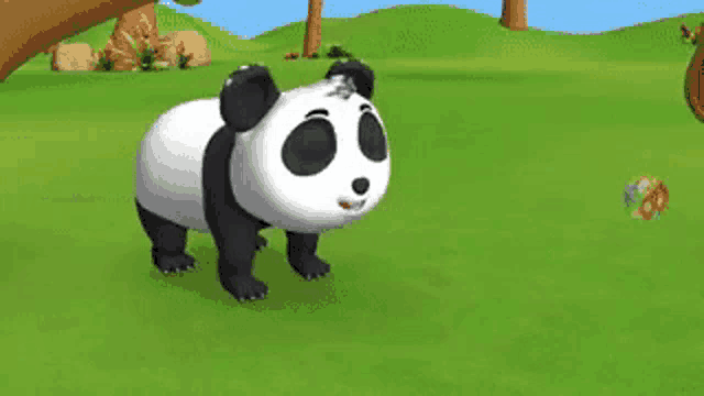 a panda bear is standing on top of a lush green field looking at something .