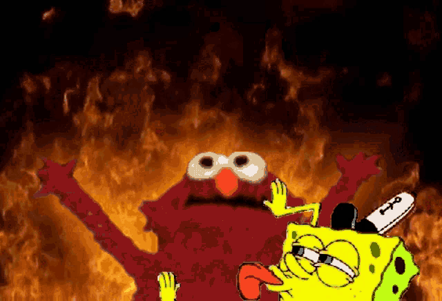 a cartoon of elmo and spongebob in front of a fire background