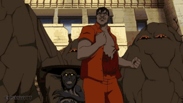 a cartoon of a man standing next to a goblin with eeskaaitt written on the bottom right