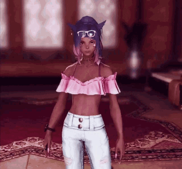 a girl in a pink top and white jeans is standing in a room