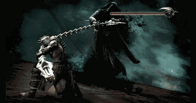a video game screen shows a skeleton with a sword in his hand