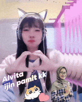 a girl wearing headphones making a heart with her hands and the words alvita ijin pamit kk