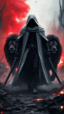 a hooded figure holding two swords standing next to two lions