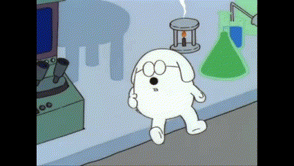 a cartoon dog with glasses and a surprised look on his face is walking in a lab .