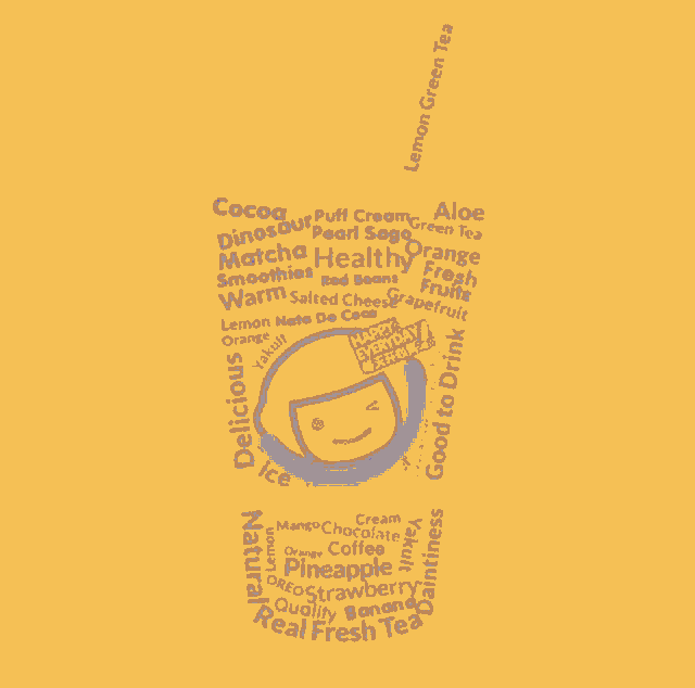 a yellow background with words surrounding a smiley face including cocoa puff cream aloe and lemon green tea