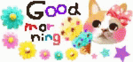 a picture of a cat with flowers and the words `` good morning '' .