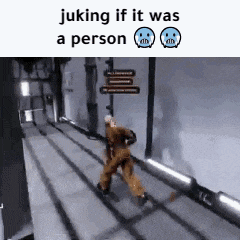 a man is walking down a hallway in a video game with the caption juking if it was a person .
