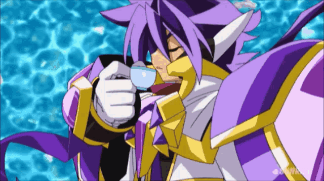 a cartoon character with purple hair drinking from a small cup