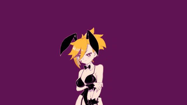 a girl with bunny ears and a bow tie is standing on a purple background