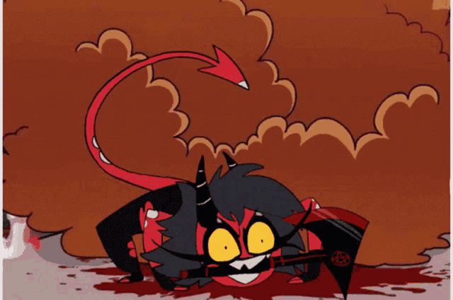 a cartoon of a demon holding an axe with a pentacle on it