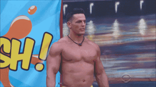 a shirtless man stands in front of a sign that says sh !