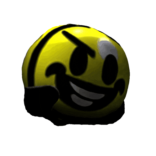 a yellow ball with a black smiley face on it is against a white background