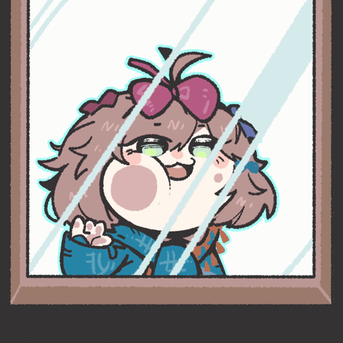 a cartoon drawing of a girl with a bow on her head looking out of a window