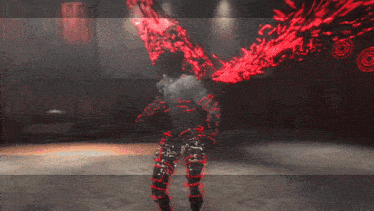 a person in a video game is surrounded by red glowing lights