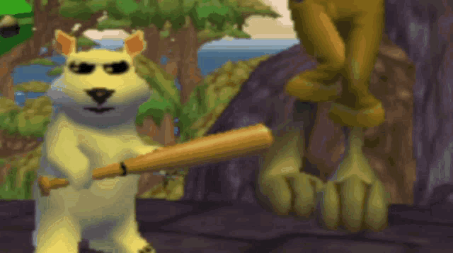 a cartoon character holding a baseball bat in front of a tree
