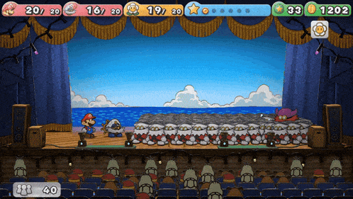 a video game screen shows a stage with a score of 20