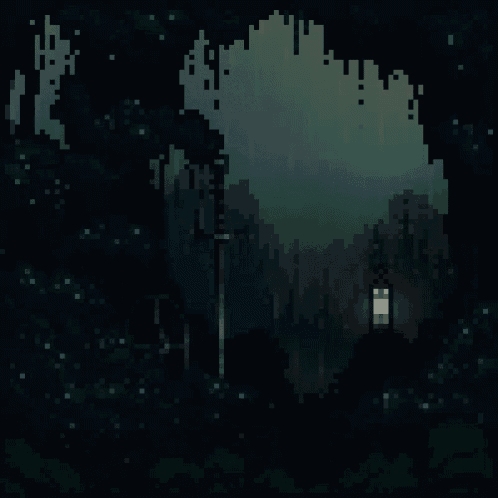 a pixel art image of a dark forest with a lantern