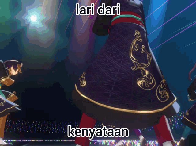 a group of people are dancing with the words lari dari kenyataan written above them